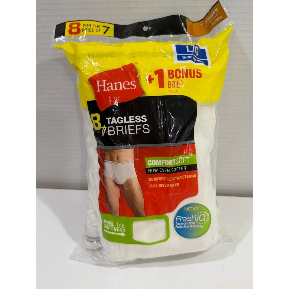 New Hanes Briefs 8-Pack TAGLESS & Comfort Flex Waistband Cotton White L 36-38